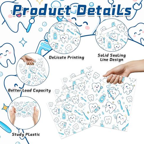 50 Pcs Tooth Merchandise Bags with Handles, 8.3x9.5 Inches Plastic Dental Bags Patients, Goodie Treat Sacks Bulk Dentist Clinic Office, Appreciation Gifts, Dental Hygiene Graduation Party Favors in Kuwait