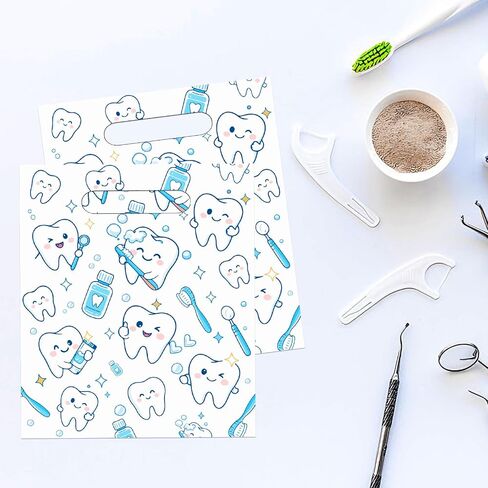 200 Pcs Tooth Merchandise Bags with Handles, 8.3x9.5 Inches Plastic Dental Bags for Patients, Dental Goodie Treat Bags Bulk for Dentist Clinic Office, Appreciation Gifts, Dental Hygiene Party Favor in Kuwait