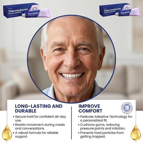 Sylovona Glow Denture Adhesive, All-Day Secure Hold for Loose False Teeth, Zinc-Free Cushioned Comfort Denture Cream, Portable Tube for Full & Partial Dentures, 1.41oz in Kuwait