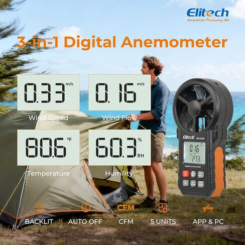 Elitech ANE-200W HVAC Anemometer, Air Flow & Temp Meter with Bluetooth | Temperature Measurement, USB Data Export, Air Flow CFM/CMM Measurement, Drone Flights & HVAC Use in Kuwait