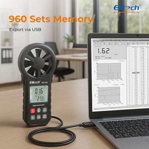 Elitech ANE-200W HVAC Anemometer, Air Flow & Temp Meter with Bluetooth | Temperature Measurement, USB Data Export, Air Flow CFM/CMM Measurement, Drone Flights & HVAC Use in Kuwait