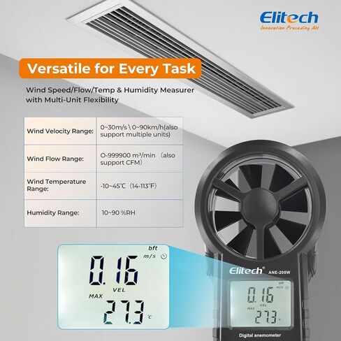 Elitech ANE-200W HVAC Anemometer, Air Flow & Temp Meter with Bluetooth | Temperature Measurement, USB Data Export, Air Flow CFM/CMM Measurement, Drone Flights & HVAC Use in Kuwait