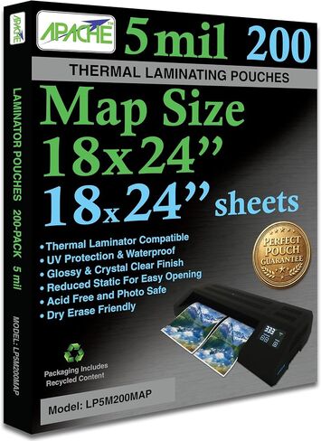 Apache Map Size Laminating Pouches, 5 Mil, 200 Pack, 18 x 24 Inch Pouch Size Laminating Sheets, Thermal Laminator Compatible, Super Clear, Round Corners in Kuwait