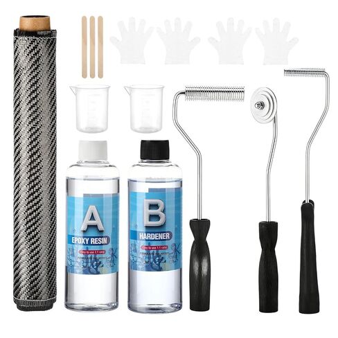 13 Pcs Carbon Fiber Repair Set 60" x 12" Carbon Fabric Fiber Cloth Roll 3pcs Fiberglass Resin Bubble Roll Tools 8oz Epoxy Resin & Hardener Measuring Cups Sticks Gloves for Cars Bike Boat in Kuwait