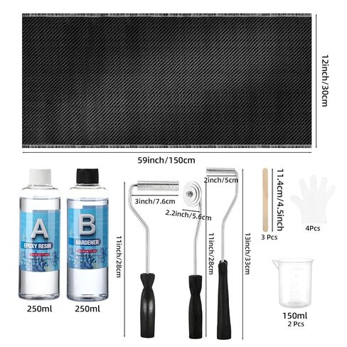 13 Pcs Carbon Fiber Repair Set 60" x 12" Carbon Fabric Fiber Cloth Roll 3pcs Fiberglass Resin Bubble Roll Tools 8oz Epoxy Resin & Hardener Measuring Cups Sticks Gloves for Cars Bike Boat in Kuwait