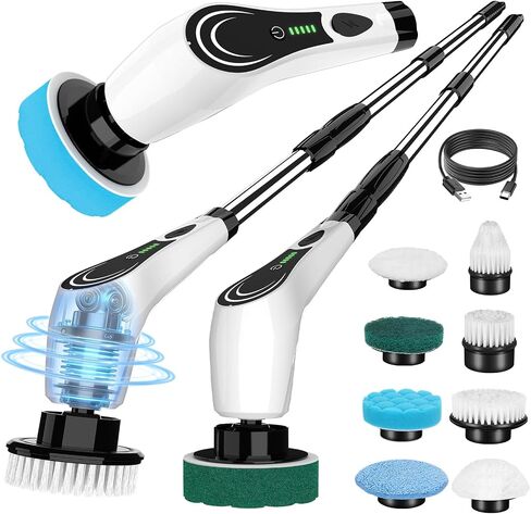 Electric Spin Scrubber, Cordless Power Cleaning Brush with 9 Replaceable Brush Heads, Bathroom Scrubber with Extension Arm, 2-Speed Motorized Tile Floor Scrubber for Tub, Sink, Wheel, White-ra1 in Kuwait