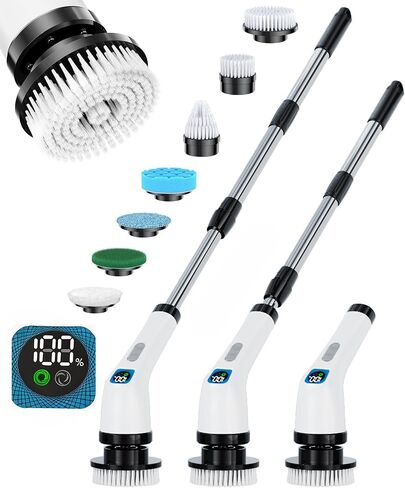 Electric Spin Scrubber for Cleaning Bathroom - Shower Cleaner Brush with Long Handle - Cordless Power Scrubber with 7 Brushes Heads, IPX7 Waterproof Scrub Brush for Bath Tub Tile Grout Glass Tool in Kuwait