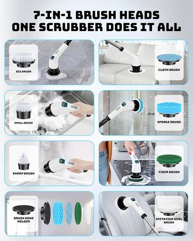 Electric Spin Scrubber for Cleaning Bathroom - Shower Cleaner Brush with Long Handle - Cordless Power Scrubber with 7 Brushes Heads, IPX7 Waterproof Scrub Brush for Bath Tub Tile Grout Glass Tool in Kuwait