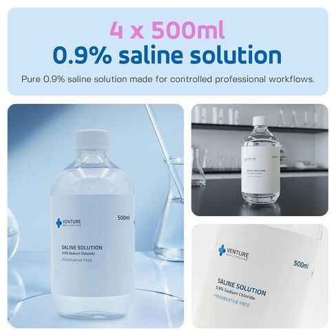 0.9% Saline Solution, 0.22μm Filtration Sodium Chloride Liquid, Preservative Free Saline Water Ready to Use for Lab Research Only, Pack of 4 x 500ml (2000ml Total) in Kuwait