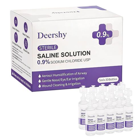Saline Solution 0.9% Sodium Chloride, 5ml Single-Use Vials (30 Pack), Gentle Cleansing for Nose, Eyes, Ears & Skin, for Babies, Kids & Adults in Kuwait