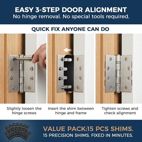 15 Pack Door Hinge Shims, 4 Inch Door Hinge Spacer Kit, Precut Polycarbonate (PC) Black Hinge Shims with DIY Trimmable for Door Alignment & Repair, Filling Gaps, 1.2mm / 0.05" Thickness in Kuwait