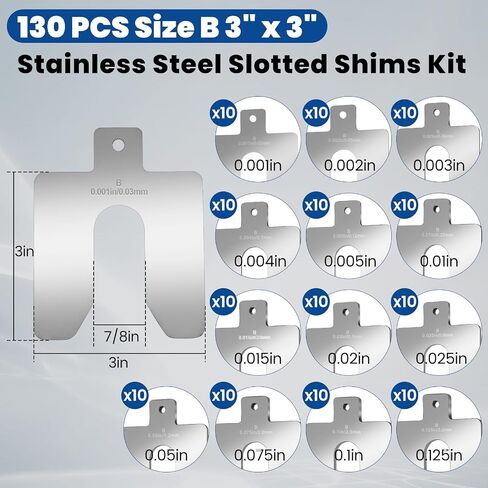 130 PCS Size B 3" x 3" Slotted Shims Kit, 304 Stainless Steel Slotted Shim Kit with Storage Box, Precision Laser-Cut Alignment Metal Shims for Leveling Machinist Tools in Kuwait