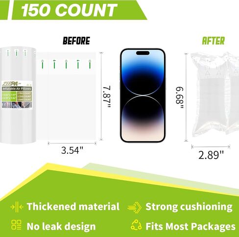 150 Count Packing Air Pillows for Shipping with Pump Inflatable Shipping Supplies Box Filler Alternative to Packing Peanuts for Size 3.54" x 7.87" in Kuwait