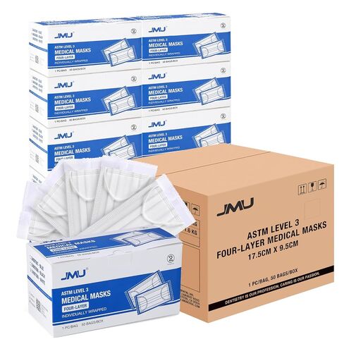 أقنعة الوجه للاستعمال مرة واحدة من JMU، 2000 عبوة مغلفة بشكل فردي، قناع طبي من 4 طبقات ASTM المستوى 3 للبالغين، أسود in Kuwait