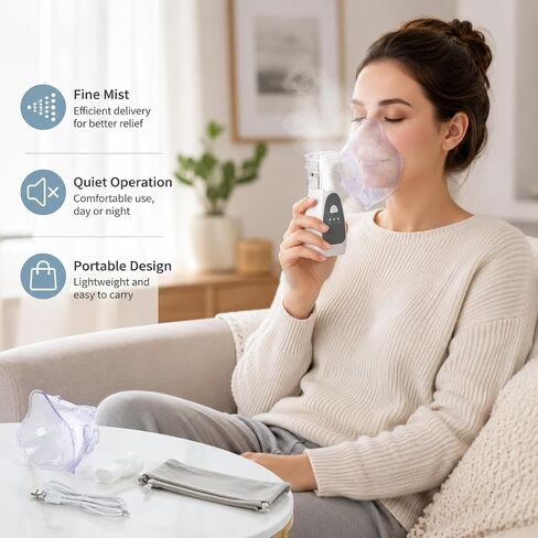 Portable Nebulizer for Adults and Kids, Handheld Nebulizer Machine with Adult and Child Masks, Mouthpiece, USB Cable and Storage Bag for Home and Travel Use in Kuwait