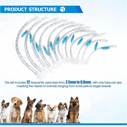Veterinary Endotracheal Tube Set, Disposable Cuffed ET Tubes with Murphy Eye for Animals, Veterinary Intubation Tubes for Dogs & Cats, Clear Markings for Accurate Placement, (2.5–8.0mm), 12pcs in Kuwait