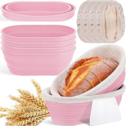 Nuogo 4 Pack Oval Bread Proofing Basket Silicone 10 Inch Collapsible Sourdough Bread Baking Supplies Dough Proofing Bowl with 4 Pcs Dough Scraper and 4 Pcs Basket Covers (Pink) in Kuwait