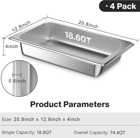 OSTBA 4 Pack Hotel Pans with Lids, 1/1 Size 4" Deep Stainless Steel Steam Table Pan Full Size, 20.8" L x 12.8" W Anti Jam Buffet Pan for Home, Party, Restaurant, Hotel, Buffet in Kuwait