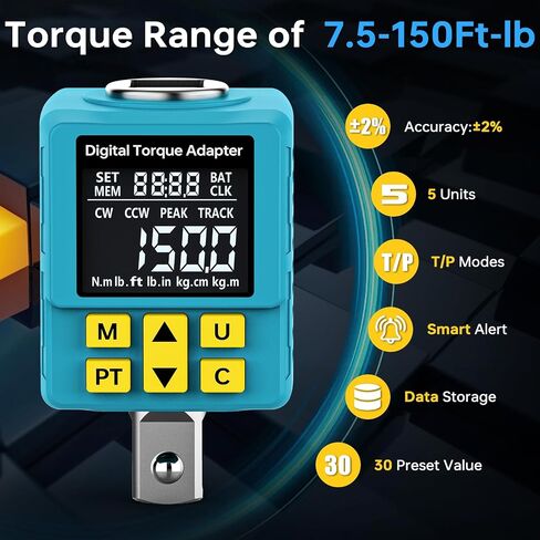 1/2" Digital Torque Adapter, (±1% Accuracy, 7.4-150Ft-lb) Digital Torque Wrench Adapter for Auto, with Upgrade Color Display, Versatile Meter - Smart Alert | Peak/Track | Preset | Store/Delete(203N.m) in Kuwait