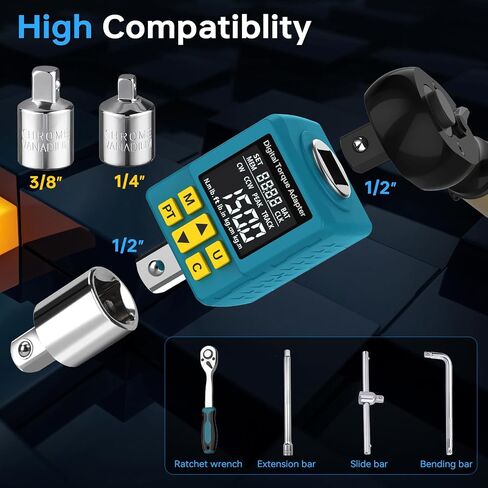 1/2" Digital Torque Adapter, (±1% Accuracy, 7.4-150Ft-lb) Digital Torque Wrench Adapter for Auto, with Upgrade Color Display, Versatile Meter - Smart Alert | Peak/Track | Preset | Store/Delete(203N.m) in Kuwait