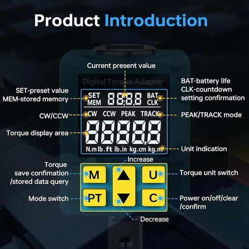 1/2" Digital Torque Adapter, (±1% Accuracy, 7.4-150Ft-lb) Digital Torque Wrench Adapter for Auto, with Upgrade Color Display, Versatile Meter - Smart Alert | Peak/Track | Preset | Store/Delete(203N.m) in Kuwait