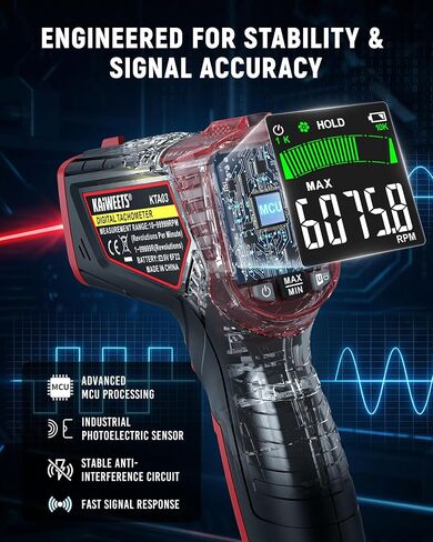 KAIWEETS Laser Tachometer Digital RPM Meter Non Contact Motor Speed Tester 10-99999 RPM, Handheld Tachometer with Large LCD Display, Max Min Memory, Reflective Tape for Engines Motors Fans in Saudi Arabia