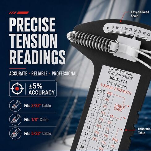 PT-1 Sailboat Rigging Tension Gauge, Professional Wire Rope Standing Rigging for 3/32", 1/8", 5/32" Diameter Wire Cable, Hands-Off Accurate Rigging Tool Rated up to 800 lb, for Sail Rigging in Saudi Arabia