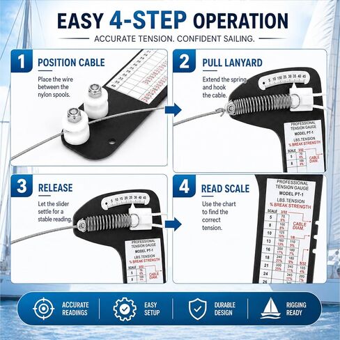 PT-1 Sailboat Rigging Tension Gauge, Professional Wire Rope Standing Rigging for 3/32", 1/8", 5/32" Diameter Wire Cable, Hands-Off Accurate Rigging Tool Rated up to 800 lb, for Sail Rigging in Saudi Arabia