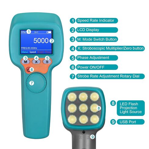 Digital Handheld Stroboscope 60-999,999 FPM/Hz Non Contact Strobe Tachometer, Adjustable Flash Rate LED RPM Meter with 0.001% High Accuracy for Motor, Fan, HVAC, Car, Industrial - RQ-DT100B in Saudi Arabia