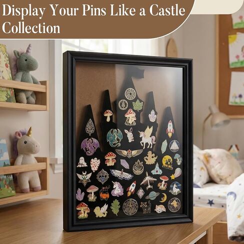 إطار عرض Castle Pin، لوحة دبابيس خشبية، حافظة عرض للتثبيت على الحائط أو سطح الطاولة للدبابيس، عرض مجموعة الدبابيس، حامل الدبوس، 14.3 × 12 بوصة، أسود in Kuwait