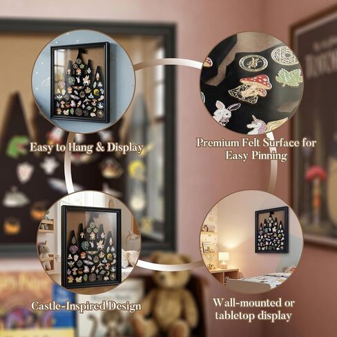 إطار عرض Castle Pin، لوحة دبابيس خشبية، حافظة عرض للتثبيت على الحائط أو سطح الطاولة للدبابيس، عرض مجموعة الدبابيس، حامل الدبوس، 14.3 × 12 بوصة، أسود in Kuwait