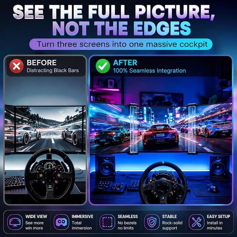 Universal Bezel Free Kit for 21-35" Triple Monitor Setup, Monitor Bezel Hider for Curved & Flat Screens, Optical Refraction Lens for Seamless Display, Compatible with Sim Racing & Flight Sim (1 Pair) in Kuwait