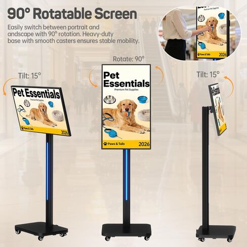 32 Inch Digital Signage Display on Wheels, Portable LCD Touch Digital Kiosk with Adjustable Rolling Stand, Phone App Control Android 14 Advertising Display Poster,HDMI/USB (Non-TouchKiosk) in Kuwait