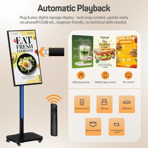 32 Inch Digital Signage Display on Wheels, Portable LCD Touch Digital Kiosk with Adjustable Rolling Stand, Phone App Control Android 14 Advertising Display Poster,HDMI/USB (Non-TouchKiosk) in Kuwait