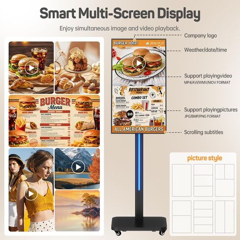 32 Inch Digital Signage Display on Wheels, Portable LCD Touch Digital Kiosk with Adjustable Rolling Stand, Phone App Control Android 14 Advertising Display Poster,HDMI/USB (Non-TouchKiosk) in Kuwait