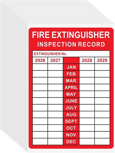 50 Pcs Fire Extinguisher Inspection Record Labels - 3.5" x 5" Fire Adhesive Vinyl Safety Stickers for School Office, and Home, Industrial (White on Red) in Kuwait