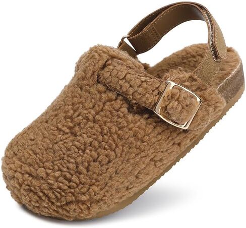 HOMEHOT Girls Fuzzy Winter Slippers Cozy Faux Shearling Upper & Cork Footbed, Indoor House Shoes in Kuwait