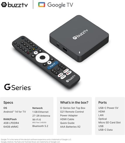 BuzzTV G-Series Google TV Set Top Box | 4GB RAM | 64GB Storage | AI Upscaling | Wi-Fi 6 | Gigabit Ethernet | Voice Remote in Kuwait