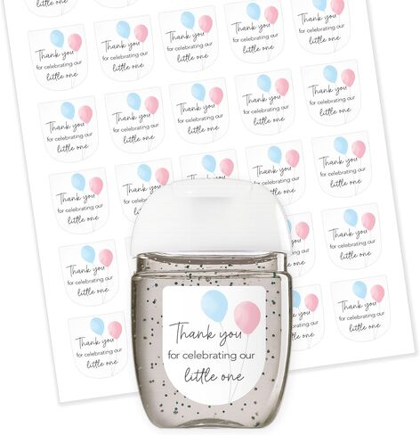 30 Pack Gender Reveal Mini Hand Sanitizer Favor Labels – Thank You for Celebrating Our Little One Stickers, High Gloss Waterproof Pink & Blue Balloon Baby Reveal Favors, He or She Decorations S515-1 in Kuwait