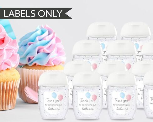 30 Pack Gender Reveal Mini Hand Sanitizer Favor Labels – Thank You for Celebrating Our Little One Stickers, High Gloss Waterproof Pink & Blue Balloon Baby Reveal Favors, He or She Decorations S515-1 in Kuwait