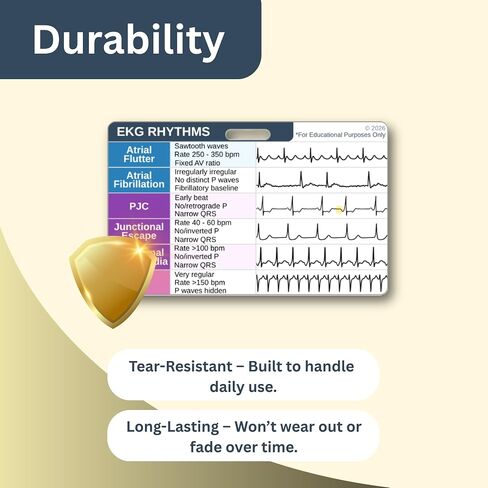 مجموعة بطاقات تفسير إيقاع EKG، مرجع ورقة الغش لإيقاع EKG للممرضات وأطباء الطوارئ والمسعفين الطبيين وطلاب الطب - شارة مقاومة للماء على الوجهين مع 24 إيقاعًا شائعًا للقلب in Kuwait