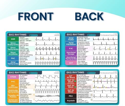 مجموعة بطاقات تفسير إيقاع EKG، مرجع ورقة الغش لإيقاع EKG للممرضات وأطباء الطوارئ والمسعفين الطبيين وطلاب الطب - شارة مقاومة للماء على الوجهين مع 24 إيقاعًا شائعًا للقلب in Kuwait