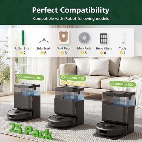 25 Pcs Replacement Parts Kit for iRobot Roomba Plus 405/505/ 505X/ 507 Combo Robot Vacuum, Accessories Include 2 Main Brush, 6 Vacuum Bags, 4 Filters, 6 Mop Pads, 6 Side Brushes, 1 Cleaning Brush in Kuwait
