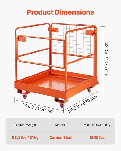 VEVOR Forklift Man Basket, 36.6 x 36.6 Inch Forklift Safety Cage with 4 Wheels, 1200 lbs Capacity Heavy Duty Work Platform, Collapsible Lift Basket Safety Set, for Most Aerial Jobs Lifting Loader in Saudi Arabia