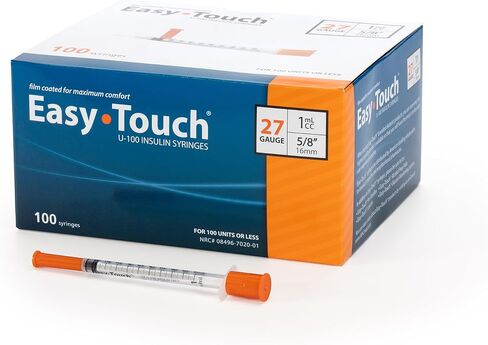 Easy Touch 27 Gauge U-100 Insulin Syringes (27G 1cc 5/8") with 5/8" Long Needle, 1cc (100 Unit Capacity), Bold Markings for Accurate Dosing, Disposable, Box of 100 in Kuwait