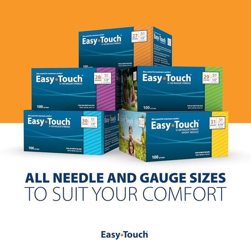 Easy Touch 27 Gauge U-100 Insulin Syringes (27G 1cc 5/8") with 5/8" Long Needle, 1cc (100 Unit Capacity), Bold Markings for Accurate Dosing, Disposable, Box of 100 in Kuwait