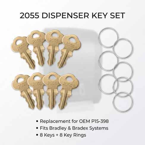 2055 مفتاح موزع 8 قطع بديلة لـ P15-398 متوافق مع ورق التواليت Bradley & Bradex والمناشف الورقية وموزعات الصابون تتضمن 8 حلقات مفاتيح معدنية شديدة التحمل in Kuwait