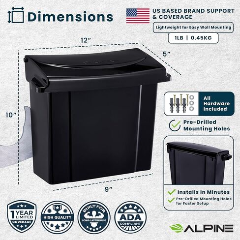 Alpine Sanitary Napkin Receptacle - Feminine Hygiene Disposal Container, Wall Mounted Trash Can with Odor Control Seal & Installation Hardware (Black) in Kuwait