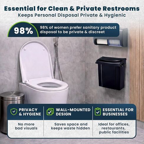 Alpine Sanitary Napkin Receptacle - Feminine Hygiene Disposal Container, Wall Mounted Trash Can with Odor Control Seal & Installation Hardware (Black) in Kuwait