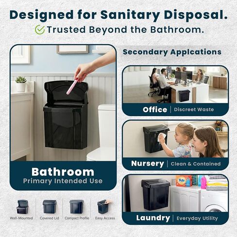 Alpine Sanitary Napkin Receptacle - Feminine Hygiene Disposal Container, Wall Mounted Trash Can with Odor Control Seal & Installation Hardware (Black) in Kuwait